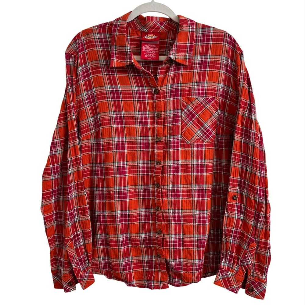 Dickies Long Sleeve Button Up Plaid Flannel Womens 2XL Orange Red Workwear